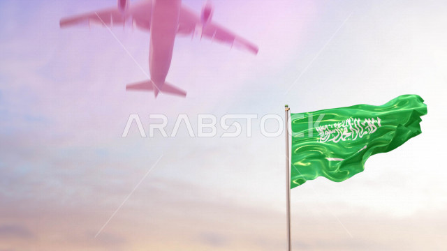 العلم الوطني السعودي يرفرف عاليا مع طائرة تحلق في سماء السعودية وقت النهار ، الإحتفال باليوم الوطني السعودي ، العيد الوطني للمملكة ، راية التوحيد و الإسلام ، المملكة العربية السعودية