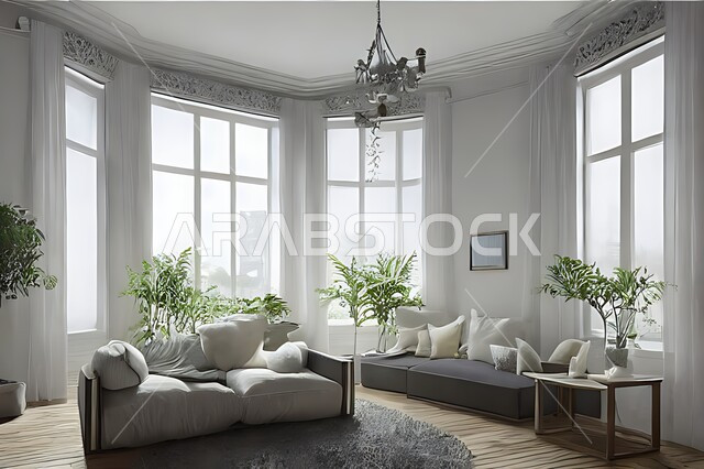 غرفة معيشة بتصاميم عصرية حديثة ، ديكورات داخلية , نوافذ زجاجية في غرفة المعيشة ، غرفة جلوس , أثاث منزلي راقي ، تصاميم عصرية فاخرة ، فلل و قصور سكنية , أشجار صناعية خضراء .