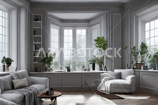 غرفة معيشة بتصاميم عصرية حديثة ، ديكورات داخلية , نوافذ زجاجية في غرفة المعيشة ، غرفة جلوس , أثاث منزلي راقي ، تصاميم عصرية فاخرة ، فلل و قصور سكنية , أشجار صناعية خضراء .