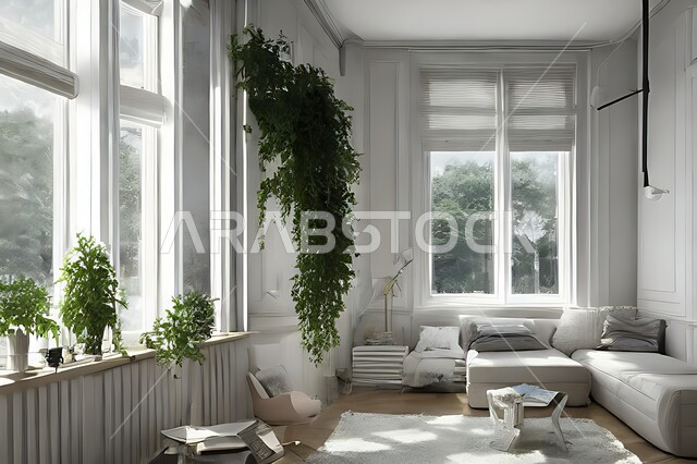 غرفة معيشة بتصاميم عصرية حديثة ، ديكورات داخلية , نوافذ زجاجية في غرفة المعيشة ، غرفة جلوس , أثاث منزلي راقي ، تصاميم عصرية فاخرة ، فلل و قصور سكنية , أشجار صناعية خضراء .