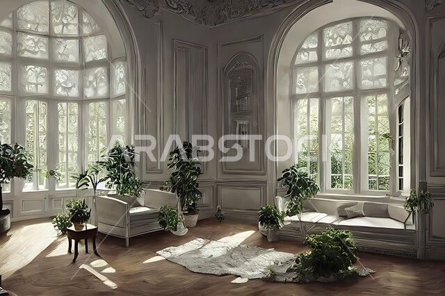 غرفة معيشة بتصاميم عصرية حديثة ، ديكورات داخلية , نوافذ زجاجية في غرفة المعيشة ، غرفة جلوس , أثاث منزلي راقي ، تصاميم عصرية فاخرة ، فلل و قصور سكنية , أشجار صناعية خضراء .