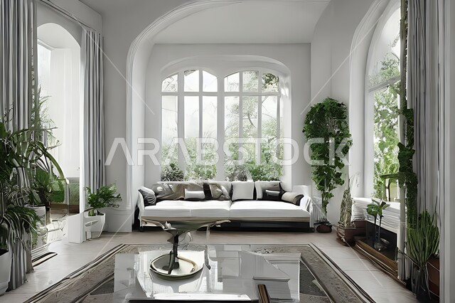 غرفة معيشة بتصاميم عصرية حديثة ، ديكورات داخلية , نوافذ زجاجية في غرفة المعيشة ، غرفة جلوس , أثاث منزلي راقي ، تصاميم عصرية فاخرة ، فلل و قصور سكنية , أشجار صناعية خضراء .