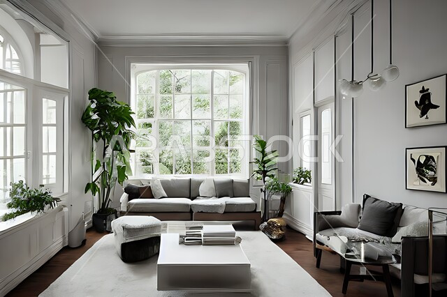 غرفة معيشة بتصاميم عصرية حديثة ، ديكورات داخلية , نوافذ زجاجية في غرفة المعيشة ، غرفة جلوس , أثاث منزلي راقي ، تصاميم عصرية فاخرة ، فلل و قصور سكنية , أشجار صناعية خضراء .