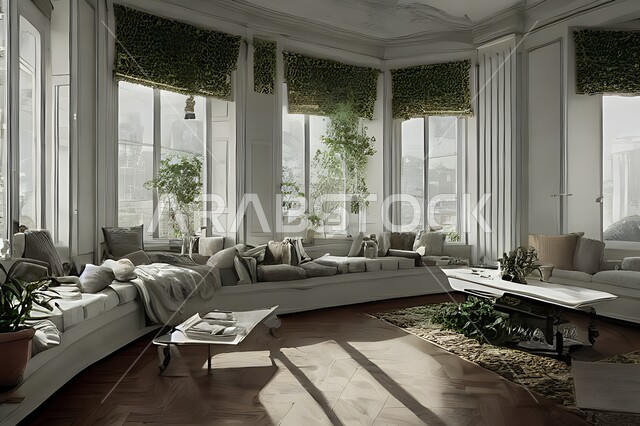 غرفة معيشة بتصاميم عصرية حديثة ، ديكورات داخلية , نوافذ زجاجية في غرفة المعيشة ، غرفة جلوس , أثاث منزلي راقي ، تصاميم عصرية فاخرة ، فلل و قصور سكنية , أشجار صناعية خضراء .