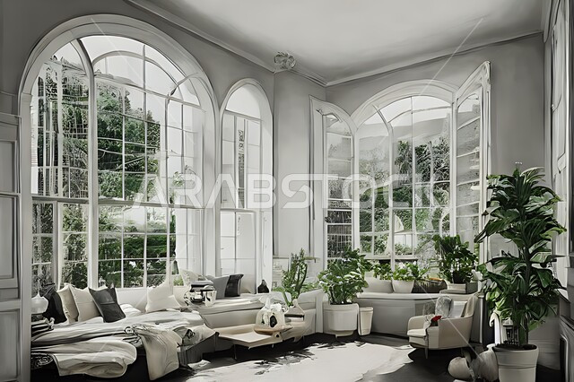 غرفة معيشة بتصاميم عصرية حديثة ، ديكورات داخلية , نوافذ زجاجية في غرفة المعيشة ، غرفة جلوس , أثاث منزلي راقي ، تصاميم عصرية فاخرة ، فلل و قصور سكنية , أشجار صناعية خضراء .