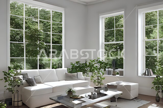 غرفة معيشة بتصاميم عصرية حديثة ، ديكورات داخلية , نوافذ زجاجية في غرفة المعيشة ، غرفة جلوس , أثاث منزلي راقي ، تصاميم عصرية فاخرة ، فلل و قصور سكنية , أشجار صناعية خضراء .