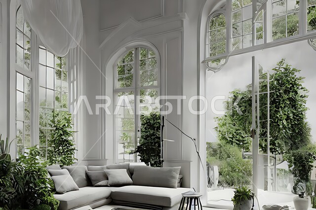 غرفة معيشة بتصاميم عصرية حديثة ، ديكورات داخلية , نوافذ زجاجية في غرفة المعيشة ، غرفة جلوس , أثاث منزلي راقي ، تصاميم عصرية فاخرة ، فلل و قصور سكنية , أشجار صناعية خضراء .