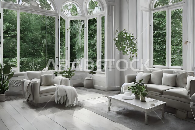 غرفة معيشة بتصاميم عصرية حديثة ، ديكورات داخلية , نوافذ زجاجية في غرفة المعيشة ، غرفة جلوس , أثاث منزلي راقي ، تصاميم عصرية فاخرة ، فلل و قصور سكنية , أشجار صناعية خضراء .