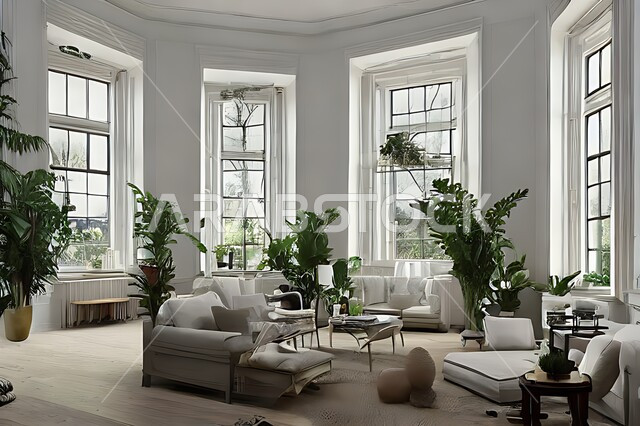 Living room with modern modern designs, interior decorations, glass windows in the living room, sitting room, upscale home furniture, luxurious modern designs, villas and residential palaces, green artificial trees.