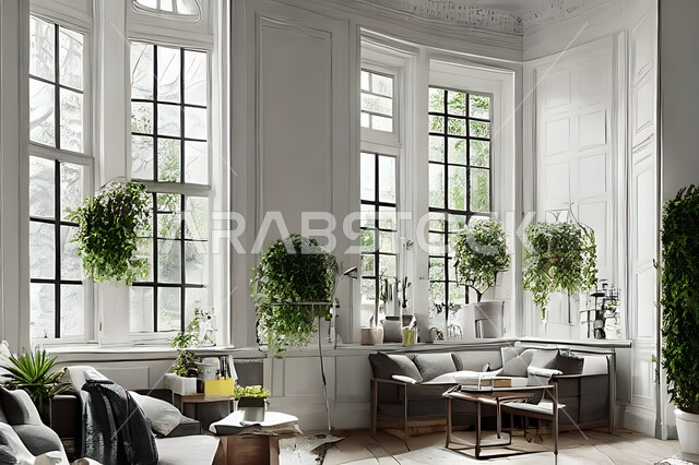 Living room with modern modern designs, interior decorations, glass windows in the living room, sitting room, upscale home furniture, luxurious modern designs, villas and residential palaces, green artificial trees.