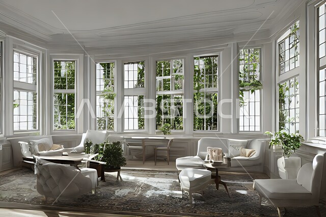 غرفة معيشة بتصاميم عصرية حديثة ، ديكورات داخلية , نوافذ زجاجية في غرفة المعيشة ، غرفة جلوس , أثاث منزلي راقي ، تصاميم عصرية فاخرة ، فلل و قصور سكنية , أشجار صناعية خضراء .