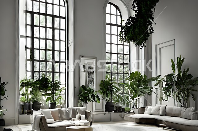 Living room with modern modern designs, interior decorations, glass windows in the living room, sitting room, upscale home furniture, luxurious modern designs, villas and residential palaces, green artificial trees.