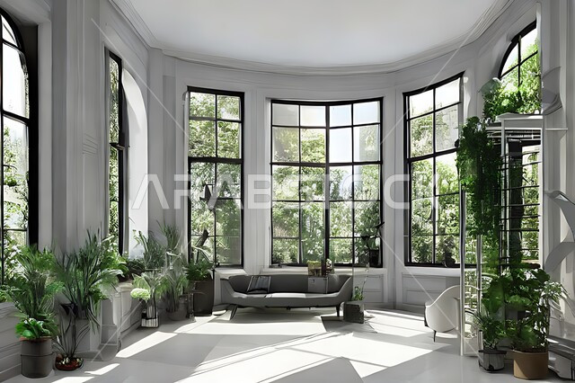 غرفة معيشة بتصاميم عصرية حديثة ، ديكورات داخلية , نوافذ زجاجية في غرفة المعيشة ، غرفة جلوس , أثاث منزلي راقي ، تصاميم عصرية فاخرة ، فلل و قصور سكنية , أشجار صناعية خضراء .