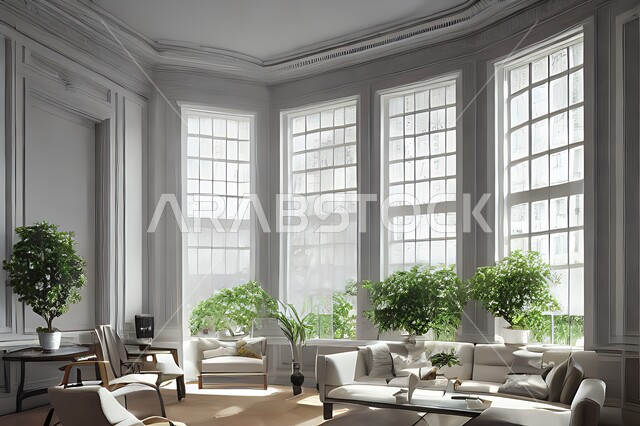 Living room with modern modern designs, interior decorations, glass windows in the living room, sitting room, upscale home furniture, luxurious modern designs, villas and residential palaces, green artificial trees.