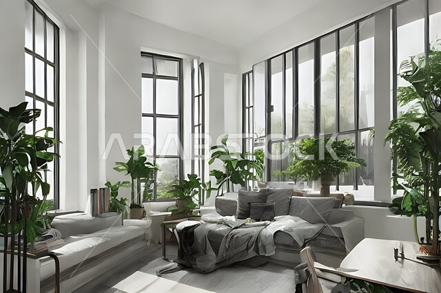 Living room with modern modern designs, interior decorations, glass windows in the living room, sitting room, upscale home furniture, luxurious modern designs, villas and residential palaces, green artificial trees.