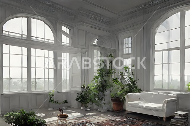 Living room with modern modern designs, interior decorations, glass windows in the living room, sitting room, upscale home furniture, luxurious modern designs, villas and residential palaces, green artificial trees.