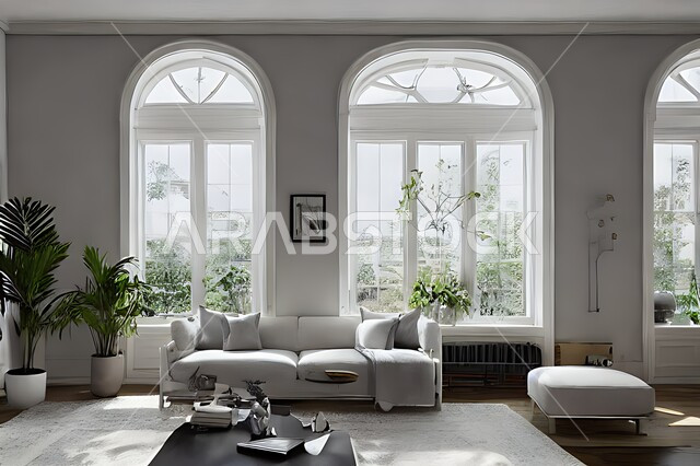 غرفة معيشة بتصاميم عصرية حديثة ، ديكورات داخلية , نوافذ زجاجية في غرفة المعيشة ، غرفة جلوس , أثاث منزلي راقي ، تصاميم عصرية فاخرة ، فلل و قصور سكنية , أشجار صناعية خضراء .