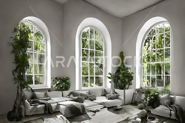 غرفة معيشة بتصاميم عصرية حديثة ، ديكورات داخلية , نوافذ زجاجية في غرفة المعيشة ، غرفة جلوس , أثاث منزلي راقي ، تصاميم عصرية فاخرة ، فلل و قصور سكنية , أشجار صناعية خضراء .