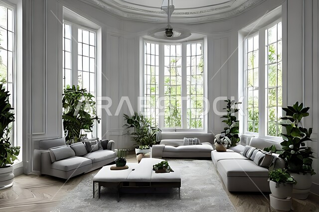 Living room with modern modern designs, interior decorations, glass windows in the living room, sitting room, upscale home furniture, luxurious modern designs, villas and residential palaces, green artificial trees.