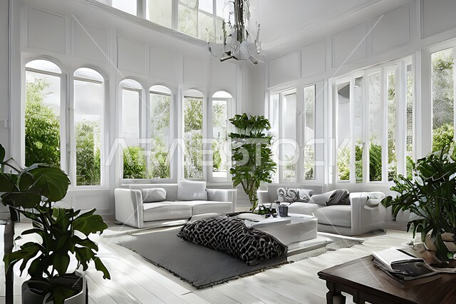 غرفة معيشة بتصاميم عصرية حديثة ، ديكورات داخلية , نوافذ زجاجية في غرفة المعيشة ، غرفة جلوس , أثاث منزلي راقي ، تصاميم عصرية فاخرة ، فلل و قصور سكنية , أشجار صناعية خضراء .