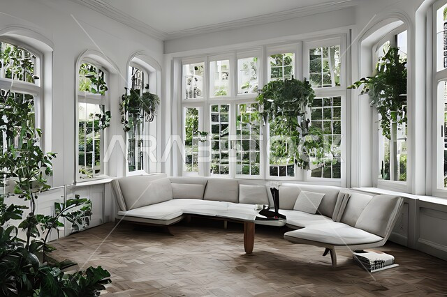 Living room with modern modern designs, interior decorations, glass windows in the living room, sitting room, upscale home furniture, luxurious modern designs, villas and residential palaces, green artificial trees.