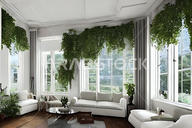 غرفة معيشة بتصاميم عصرية حديثة ، ديكورات داخلية , نوافذ زجاجية في غرفة المعيشة ، غرفة جلوس , أثاث منزلي راقي ، تصاميم عصرية فاخرة ، فلل و قصور سكنية , أشجار صناعية خضراء .