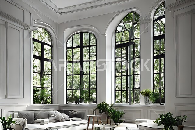 Living room with modern modern designs, interior decorations, glass windows in the living room, sitting room, upscale home furniture, luxurious modern designs, villas and residential palaces, green artificial trees.