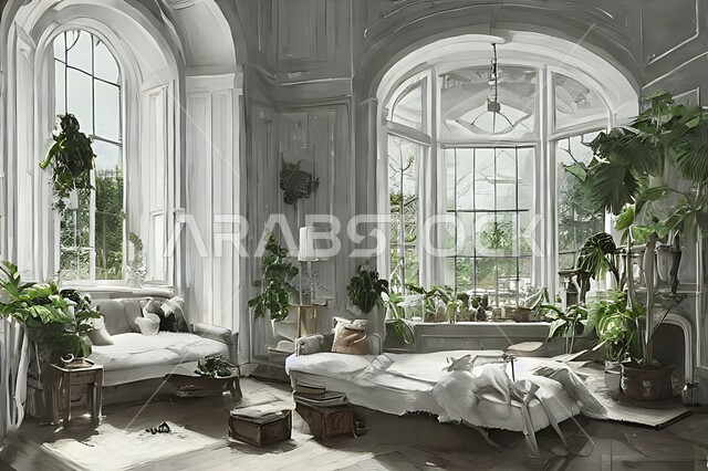 Living room with modern modern designs, interior decorations, glass windows in the living room, sitting room, upscale home furniture, luxurious modern designs, villas and residential palaces, green artificial trees.