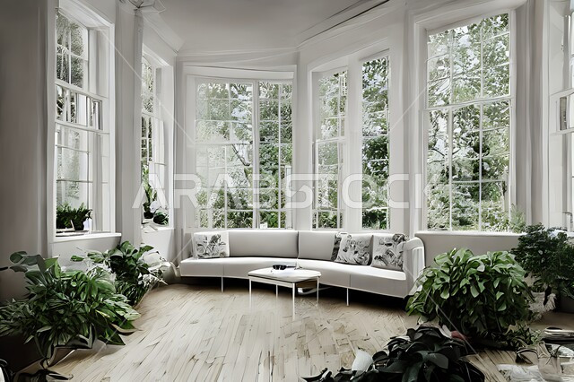 Living room with modern modern designs, interior decorations, glass windows in the living room, sitting room, upscale home furniture, luxurious modern designs, villas and residential palaces, green artificial trees.