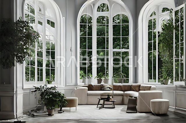 غرفة معيشة بتصاميم عصرية حديثة ، ديكورات داخلية , نوافذ زجاجية في غرفة المعيشة ، غرفة جلوس , أثاث منزلي راقي ، تصاميم عصرية فاخرة ، فلل و قصور سكنية , أشجار صناعية خضراء .