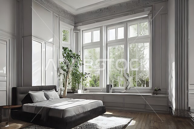 Modern and attractive bedroom, exquisite decorations, elegant home furnishings, luxurious modern designs, upscale tourist residential apartments, hotels, luxury hotels, warm bedrooms, modern villas and palaces, large glass windows.