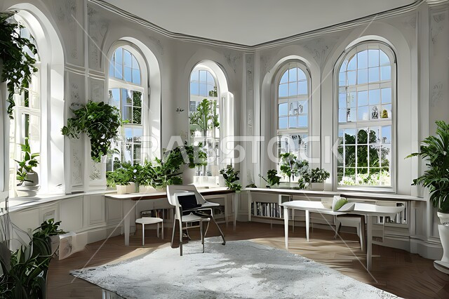 غرفة مكتبية بتصاميم عصرية وجذابة ، ديكورات رائعة، أثاث مكتبي راقي، أشجار صناعية , تصاميم عصرية فاخرة ، شقق سكنية راقية ، ديكورات هادئة .