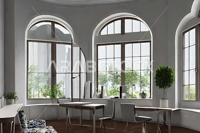 غرفة مكتبية بتصاميم عصرية وجذابة ، ديكورات رائعة، أثاث مكتبي راقي، أشجار صناعية , تصاميم عصرية فاخرة ، شقق سكنية راقية ، ديكورات هادئة .