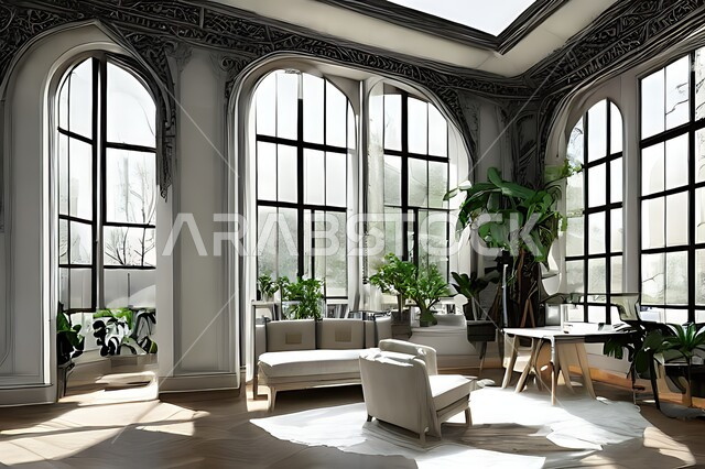 غرفة مكتبية بتصاميم عصرية وجذابة ، ديكورات رائعة، أثاث مكتبي راقي، أشجار صناعية , تصاميم عصرية فاخرة ، شقق سكنية راقية ، ديكورات هادئة .