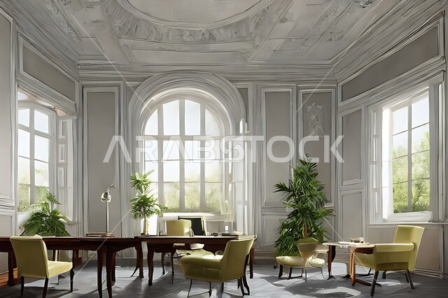 غرفة مكتبية بتصاميم عصرية وجذابة ، ديكورات رائعة، أثاث مكتبي راقي، أشجار صناعية , تصاميم عصرية فاخرة ، شقق سكنية راقية ، ديكورات هادئة .