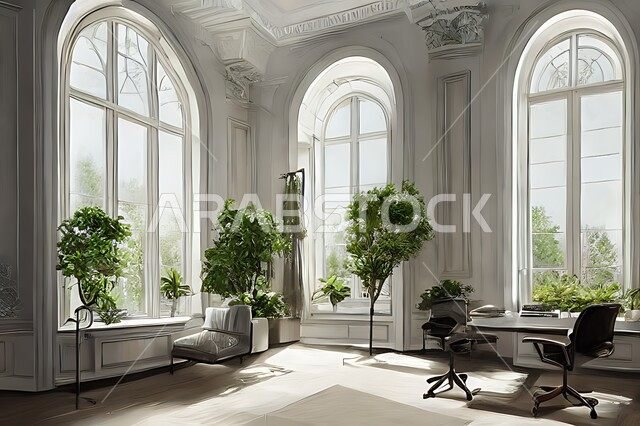 An office room with modern and attractive designs, exquisite decorations, elegant office furniture, artificial trees, luxurious modern designs, elegant apartments, quiet decorations.