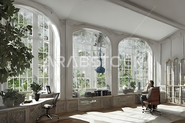 غرفة مكتبية بتصاميم عصرية وجذابة ، ديكورات رائعة، أثاث مكتبي راقي، أشجار صناعية , تصاميم عصرية فاخرة ، شقق سكنية راقية ، ديكورات هادئة .