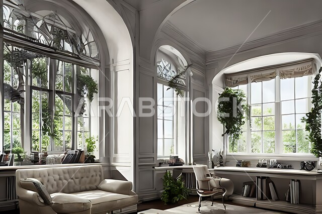 غرفة مكتبية بتصاميم عصرية وجذابة ، ديكورات رائعة، أثاث مكتبي راقي، أشجار صناعية , تصاميم عصرية فاخرة ، شقق سكنية راقية ، ديكورات هادئة .