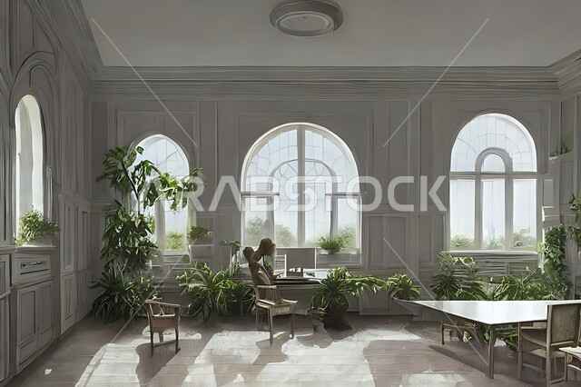 غرفة مكتبية بتصاميم عصرية وجذابة ، ديكورات رائعة، أثاث مكتبي راقي، أشجار صناعية , تصاميم عصرية فاخرة ، شقق سكنية راقية ، ديكورات هادئة .