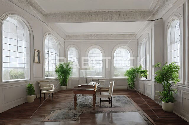 An office room with modern and attractive designs, exquisite decorations, elegant office furniture, artificial trees, luxurious modern designs, elegant apartments, quiet decorations.