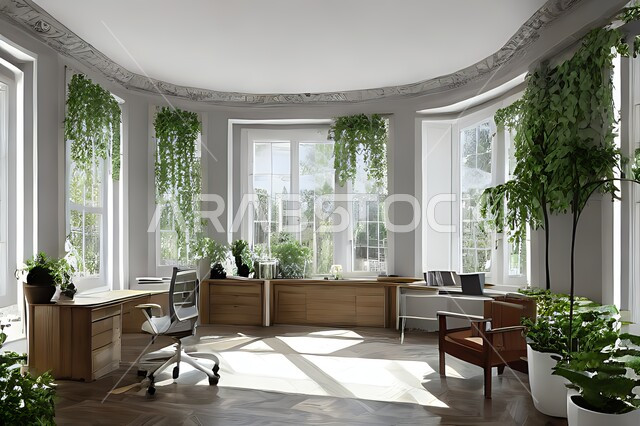 غرفة مكتبية بتصاميم عصرية وجذابة ، ديكورات رائعة، أثاث مكتبي راقي، أشجار صناعية , تصاميم عصرية فاخرة ، شقق سكنية راقية ، ديكورات هادئة .