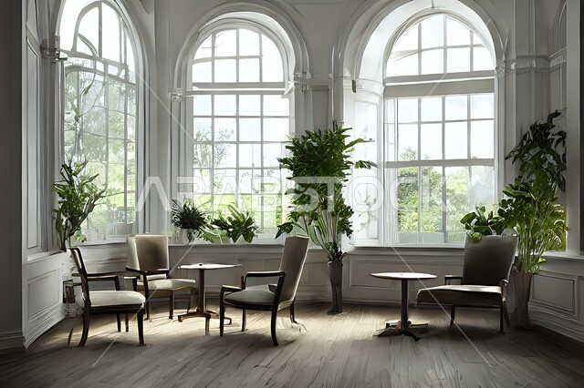 غرفة طعام بتصميم عصري و جذاب ، ديكورات داخلية رائعة ، ديكور منزلي راقي ، شقق سكنية سياحية ، أوتيل ، فنادق فاخرة , نوافذ زجاجية كبيرة , أشجار صناعية خضراء .