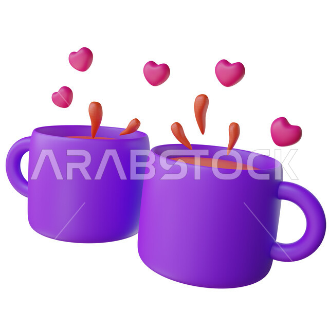 تصميم ثلاثي الابعاد لأكواب قهوه, قلوب الحب, يوم الحب, الفالنتاين, خلفيه بيضاء