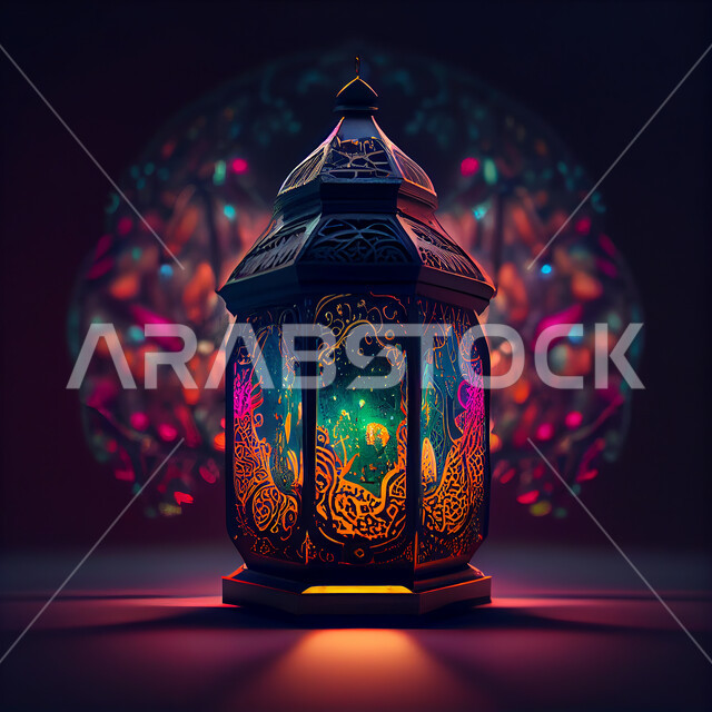 A traditional metal Arab lantern, lighting and decorations for the month of Ramadan, Ramadan artifacts, celebrating the advent of the month of Ramadan, decorations and lights, Ramadan atmosphere, colorful lighting