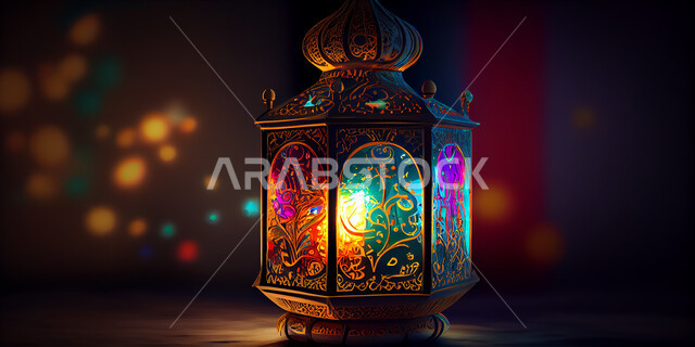 A traditional metal Arab lantern, lighting and decorations for the month of Ramadan, Ramadan artifacts, celebrating the advent of the month of Ramadan, decorations and lights, Ramadan atmosphere, colorful lighting