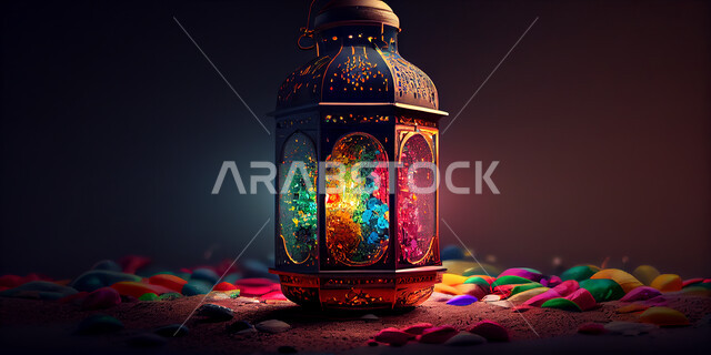 فانوس عربي تقليدي معدني، إضاءة وزينة شهر رمضان، تحف رمضانيه, الإحتفال بقدوم شهر رمضان، ديكورات وأنوار، اجواء رمضانية , إضاءه ملونه
