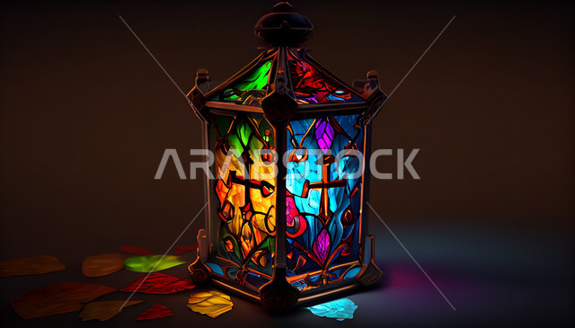 A traditional metal Arab lantern, lighting and decorations for the month of Ramadan, Ramadan artifacts, celebrating the advent of the month of Ramadan, decorations and lights, Ramadan atmosphere, colorful lighting