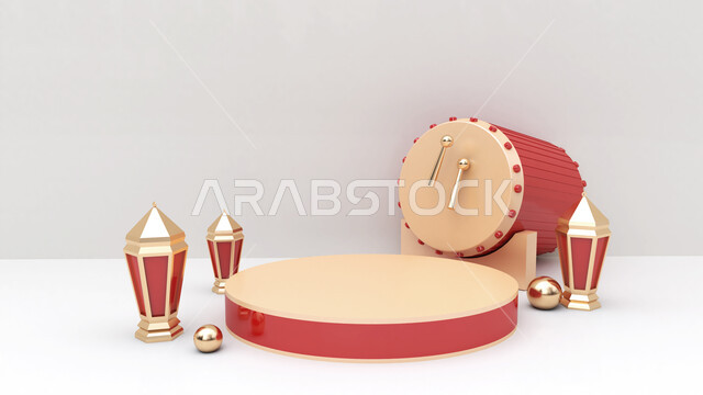 A group of Ramadan artifacts , the crescent of Ramadan, decorations for the month of Ramadan, occasions and gifts, lighting and decorations, celebration and joy of the advent of the month of Ramadan, decorations and lights, a wonder