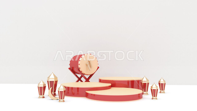 A group of Ramadan artifacts , the crescent of Ramadan, decorations for the month of Ramadan, occasions and gifts, lighting and decorations, celebration and joy of the advent of the month of Ramadan, decorations and lights, a wonder