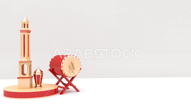 A group of Ramadan artifacts , the crescent of Ramadan, decorations for the month of Ramadan, occasions and gifts, lighting and decorations, celebration and joy of the advent of the month of Ramadan, decorations and lights, a wonder